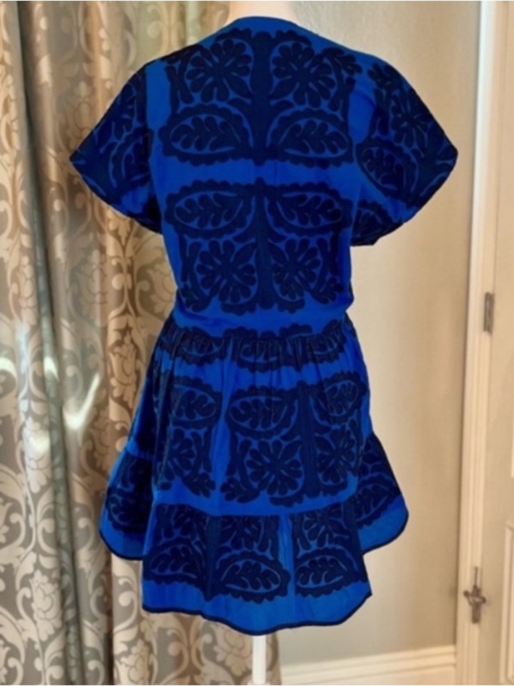 Zara Cobalt Royal Blue/Black Boho Aztec Embroidered Floral Mini Dress - Size L - Picture 4 of 6